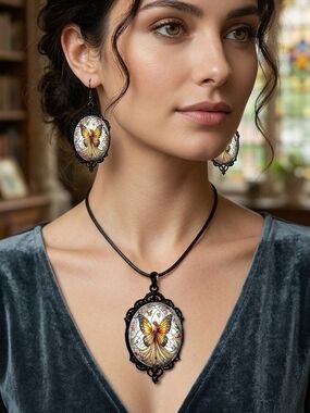 NWOT Stained Glass Yellow Butterfly Fairy Gothic Necklace & Earrings Set